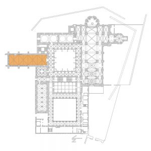 Plano de planta baja del monasterio de Santa María de Huerta identificando el refectorio de los monjes.