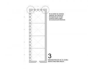 Esquema de la planta del refectorio cisterciense con las 4 ventanas en el muro norte